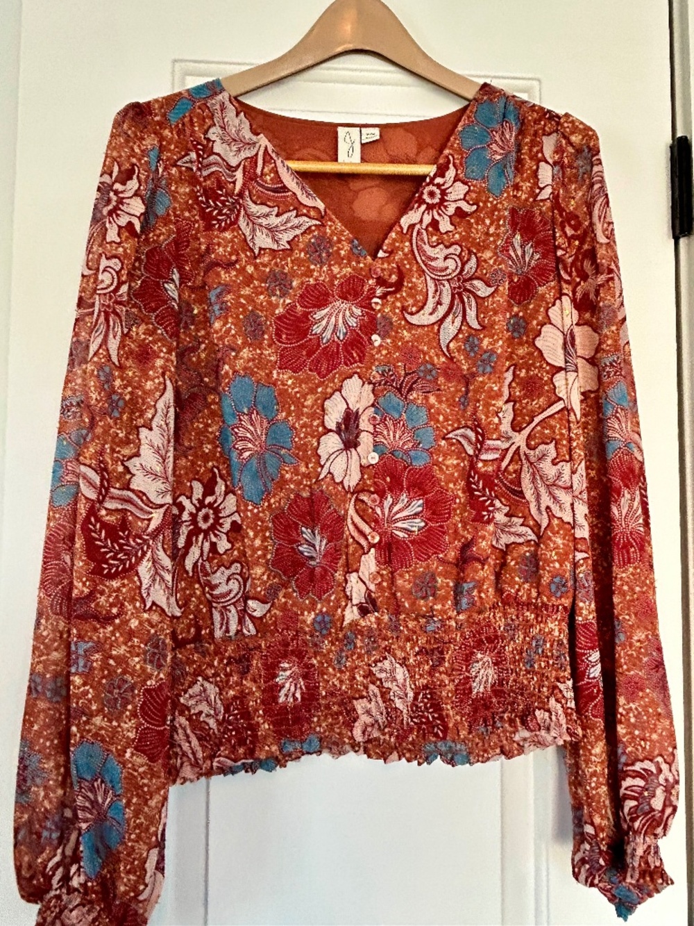 Joie Floral Peasant Top Rust Blue Smocked Long Sleeve Size M